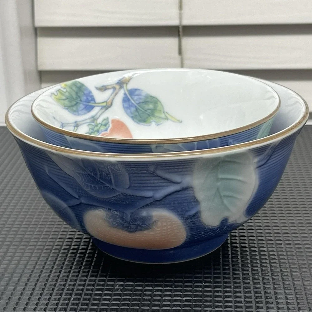 Vintage Andrea by Sadek‎ Japanese Hand Painted Bowls Set Blue Embossed Persimmon
